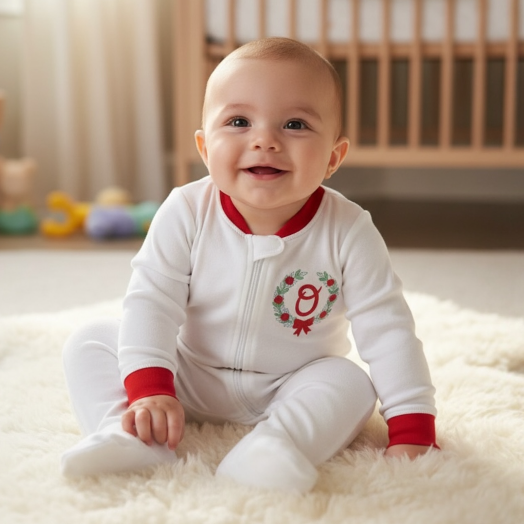 Personalized Zippered Baby Playsuit with Gingham Ruffle Flap with Floral Wreath Initial Embroidery