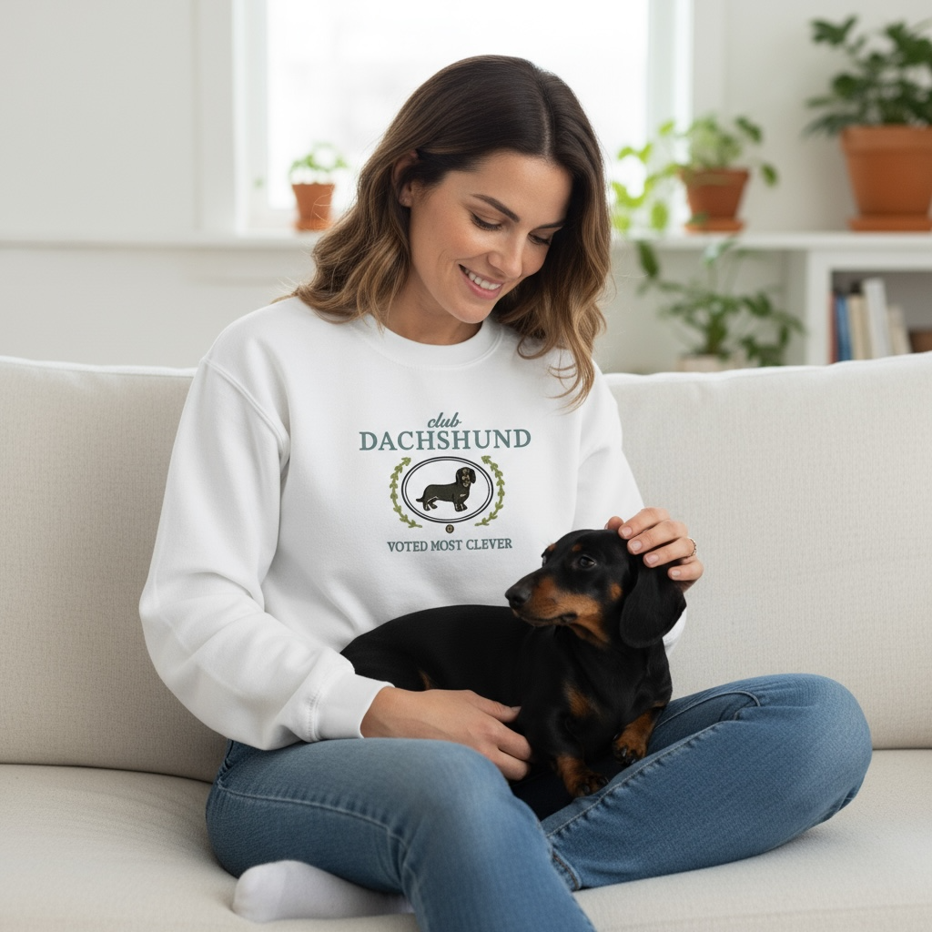Club Dachshund Embroidered Sweatshirt “Voted Most Clever” Cozy Crewneck