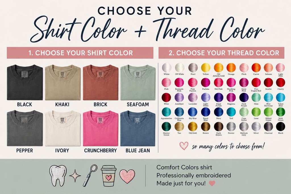 Color selection chart for shirts and threads with shirt color options and a color wheel