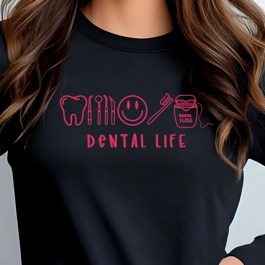 Black comfort colors shirt with pink dental-themed embroidery.  Dental Life Shirts.