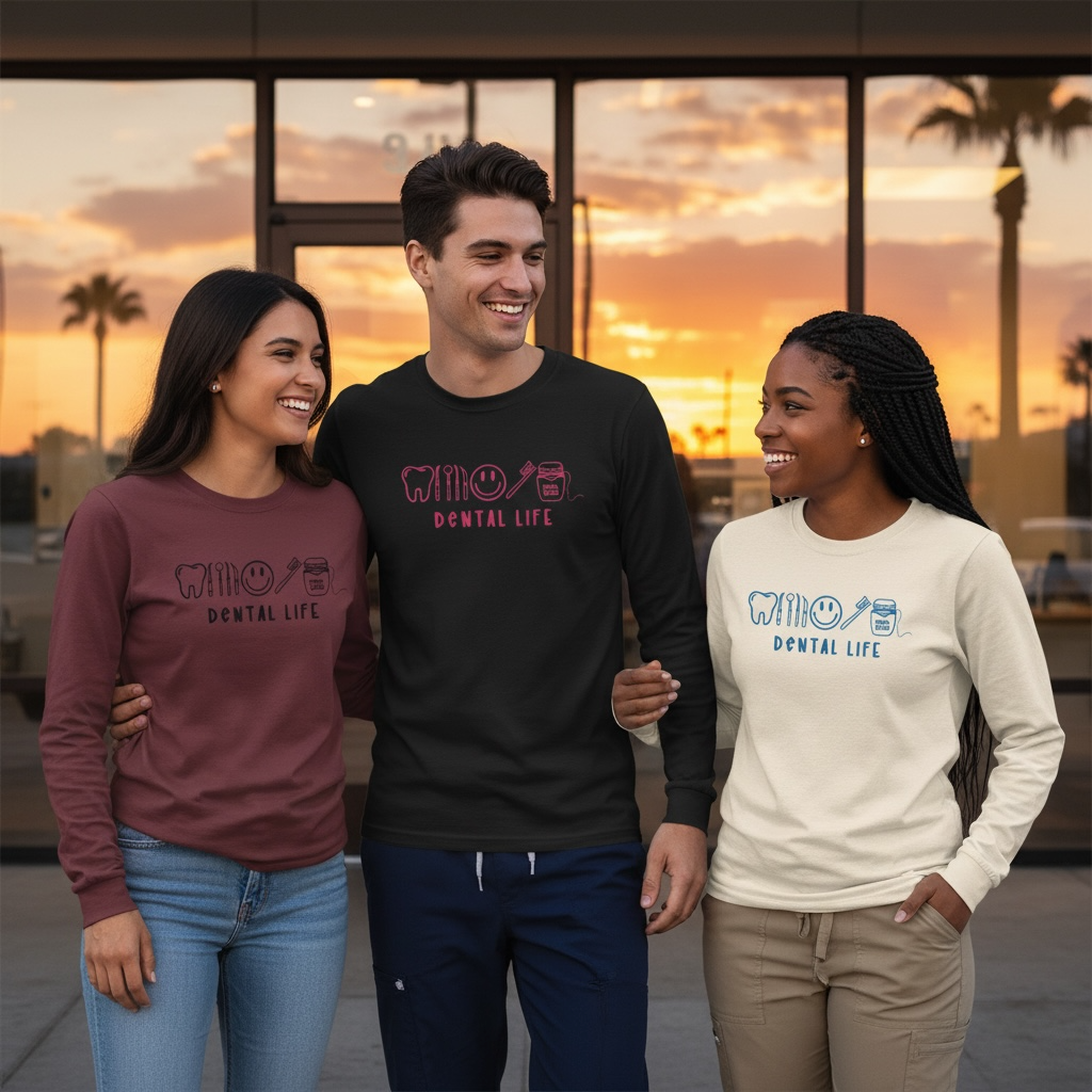 Three people wearing sweatshirts with 'Dental Life' text embroidered standing together. Dentist office staff of employees.