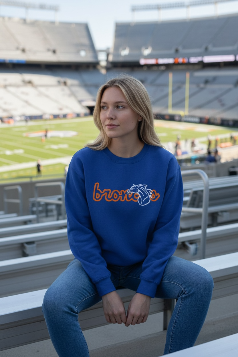 Outlined Broncos Vintage Mascot Embroidered Sweatshirt