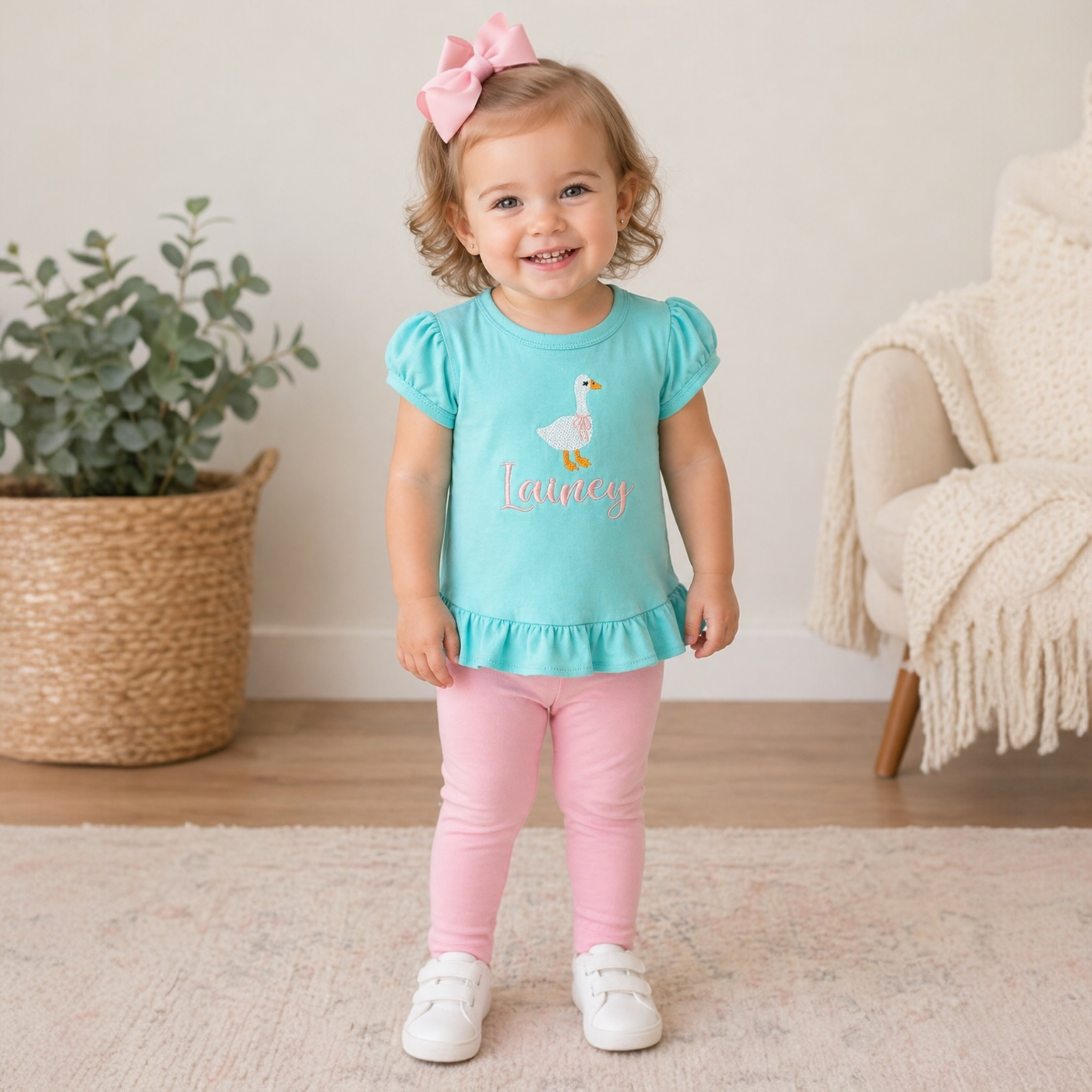 Girls Puff Sleeve Ruffle Shirt Personalized Embroidered Name & Custom Design