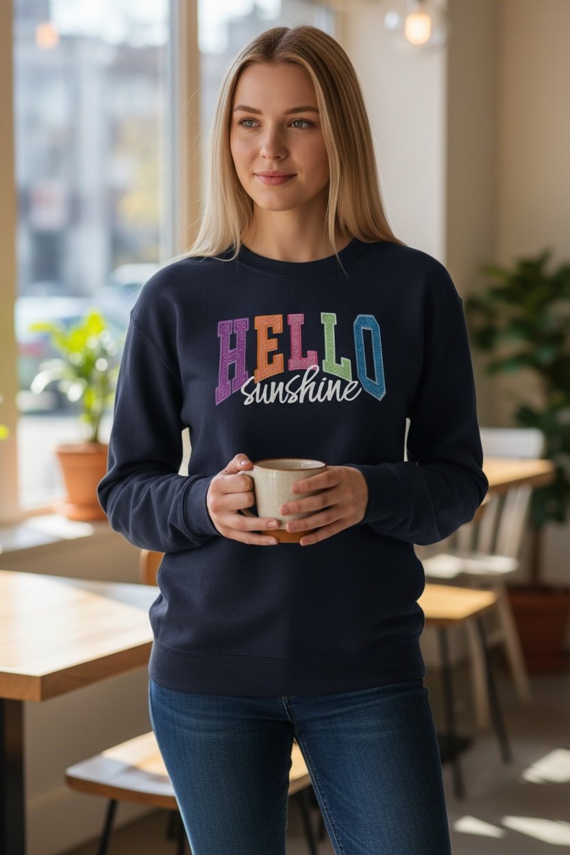 HELLO Sunshine Glitter Crewneck Sweatshirt