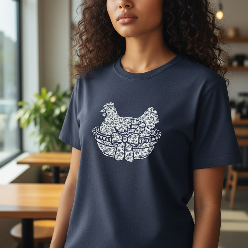 Vintage Hen on Nest Appliqué Embroidered Sweatshirt or Tee Blue Floral Heirloom Design