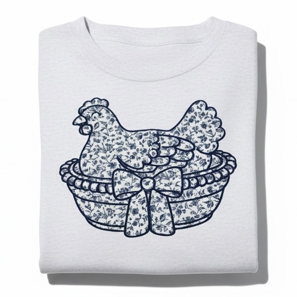 Vintage Hen on Nest Appliqué Embroidered Sweatshirt or Tee Blue Floral Heirloom Design