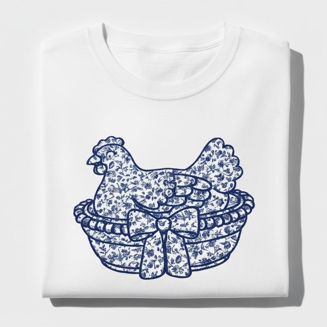 Vintage Hen on Nest Appliqué Embroidered Sweatshirt or Tee Blue Floral Heirloom Design
