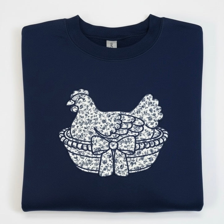 Vintage Hen on Nest Appliqué Embroidered Sweatshirt or Tee Blue Floral Heirloom Design
