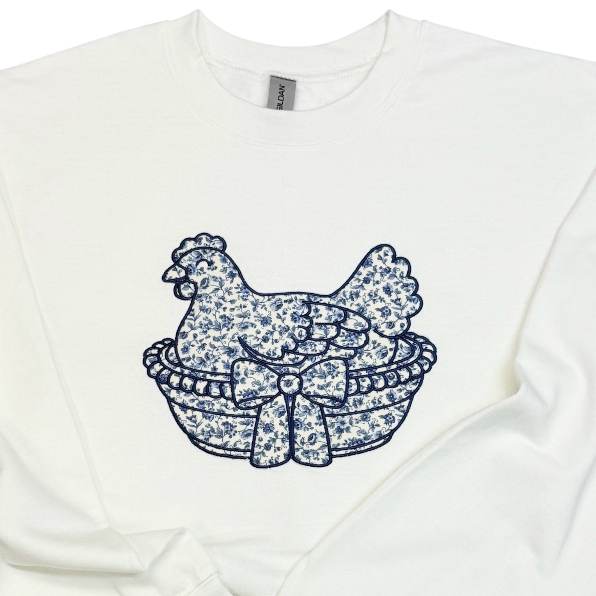 Vintage Hen on Nest Appliqué Embroidered Sweatshirt or Tee Blue Floral Heirloom Design