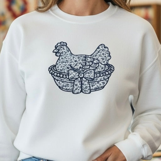 Vintage Hen on Nest Appliqué Embroidered Sweatshirt or Tee Blue Floral Heirloom Design