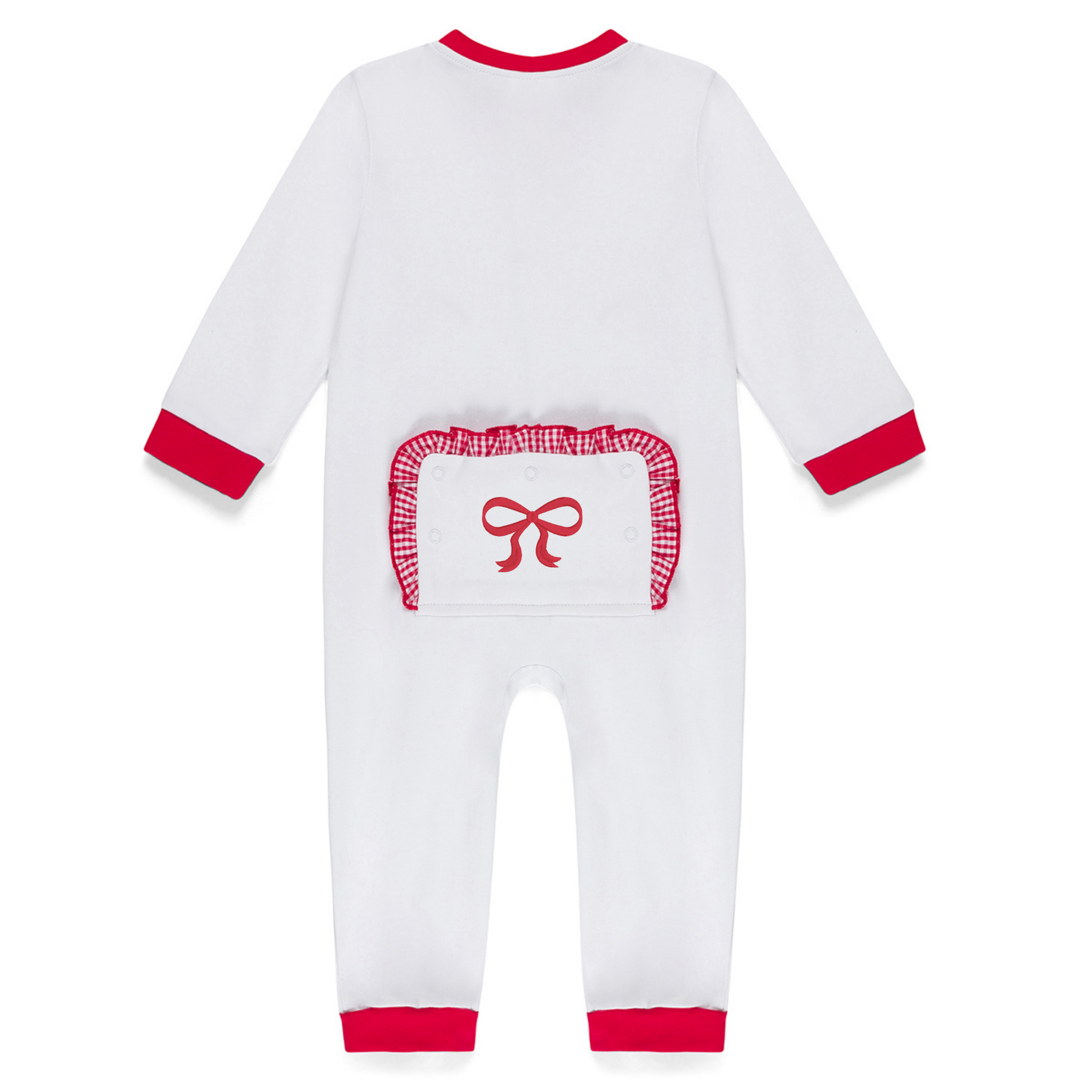 Personalized Zippered Baby Playsuit with Gingham Ruffle Flap | Floral Wreath Initial Embroidery