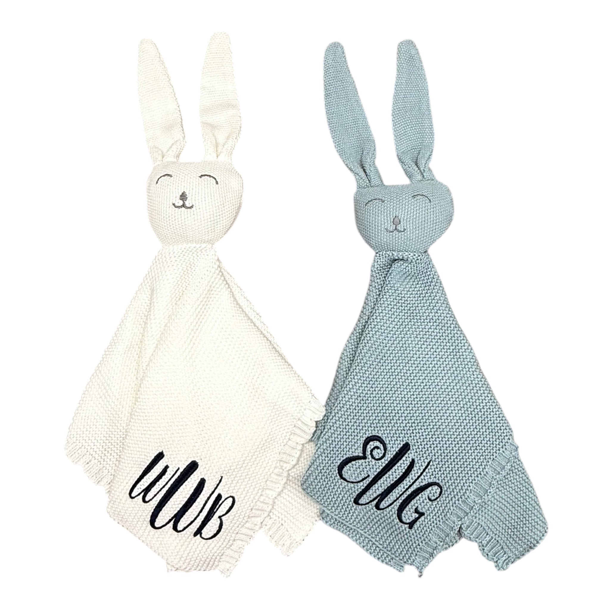 Two knitted rabbit-shaped blankets, one white and one blue, with monogrammed text on a white background.