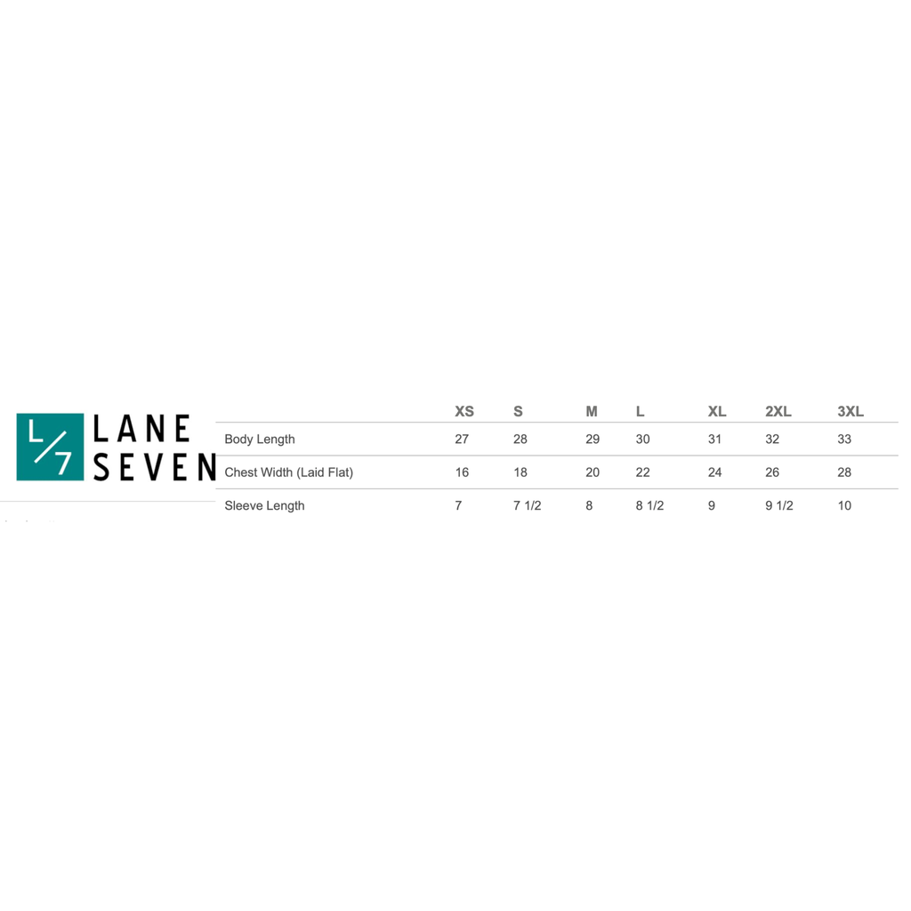 Lane Seven size chart on a white background