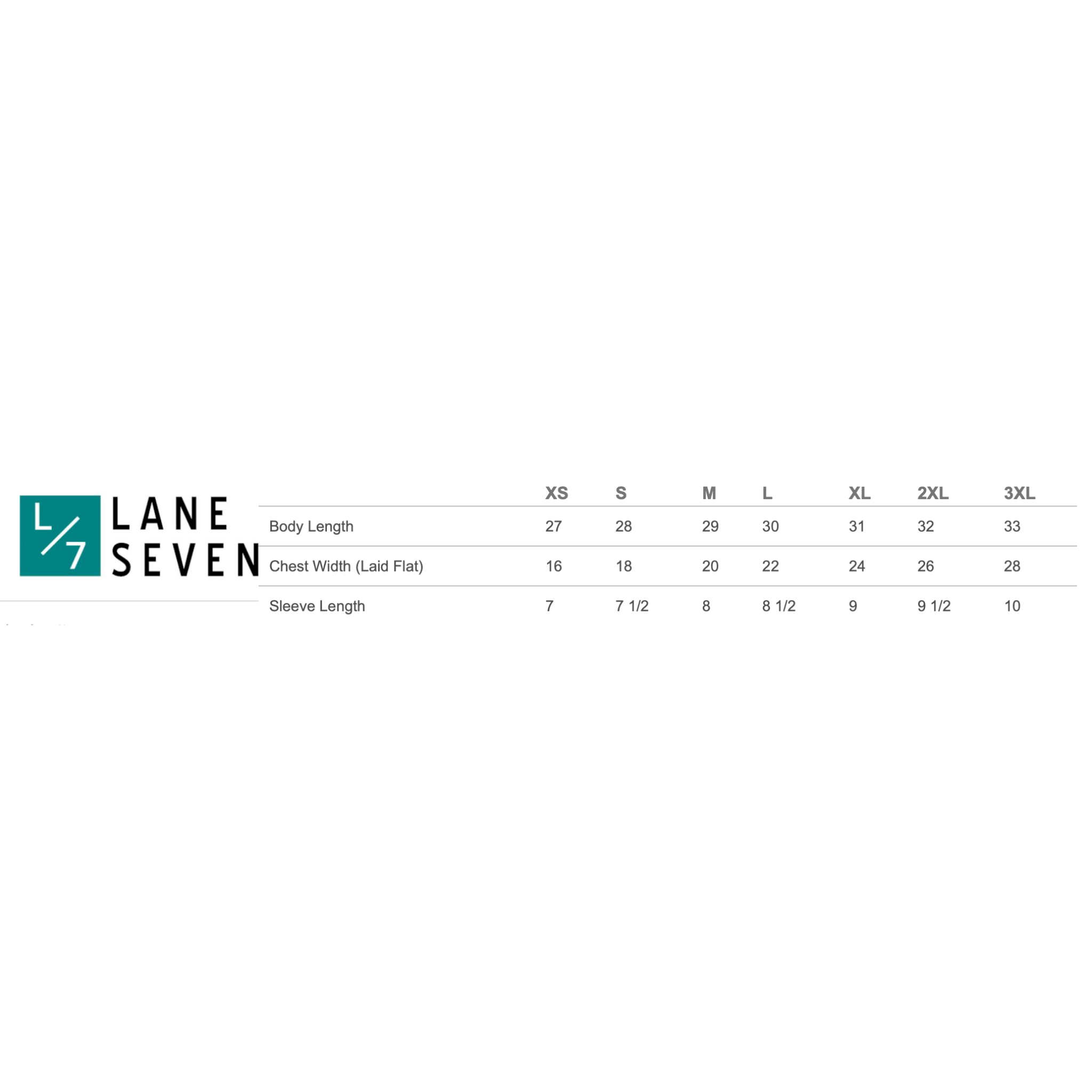 Lane Seven size chart on a white background