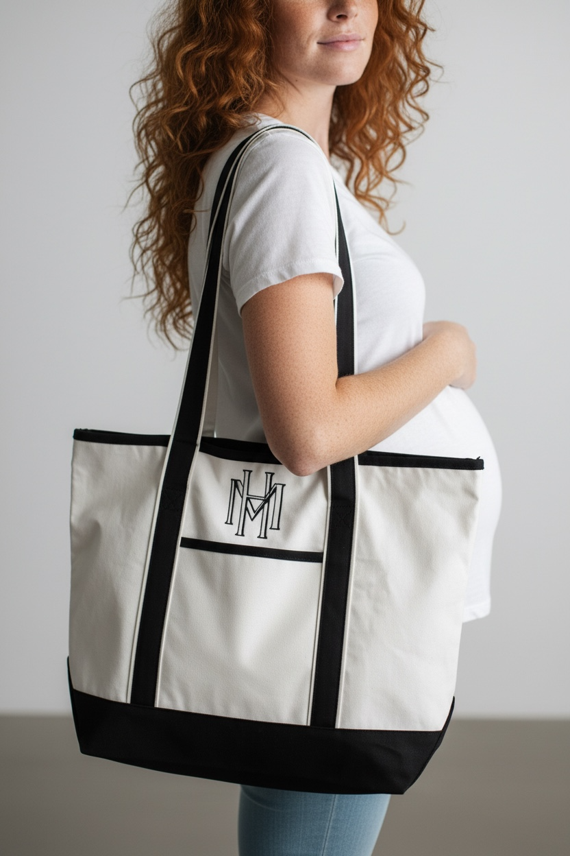 Person holding a white tote bag with black accents and a logo.