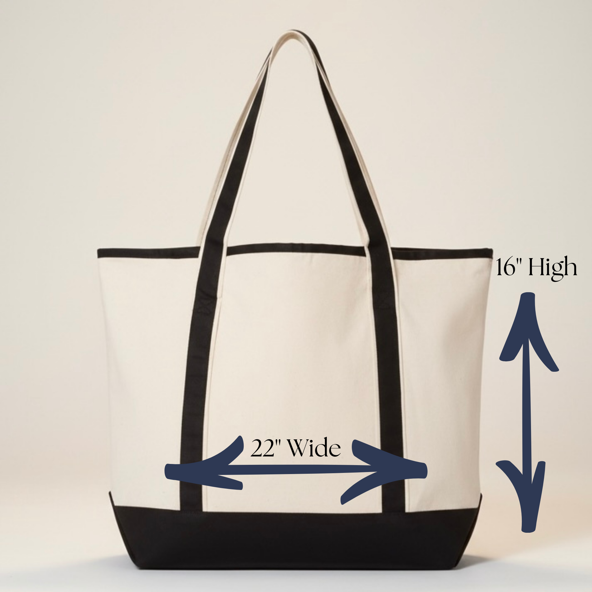 Tote bag with measurements indicating width and height on a beige background