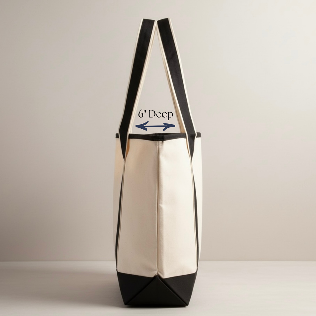 Tote bag with black straps and a measurement label on a light background