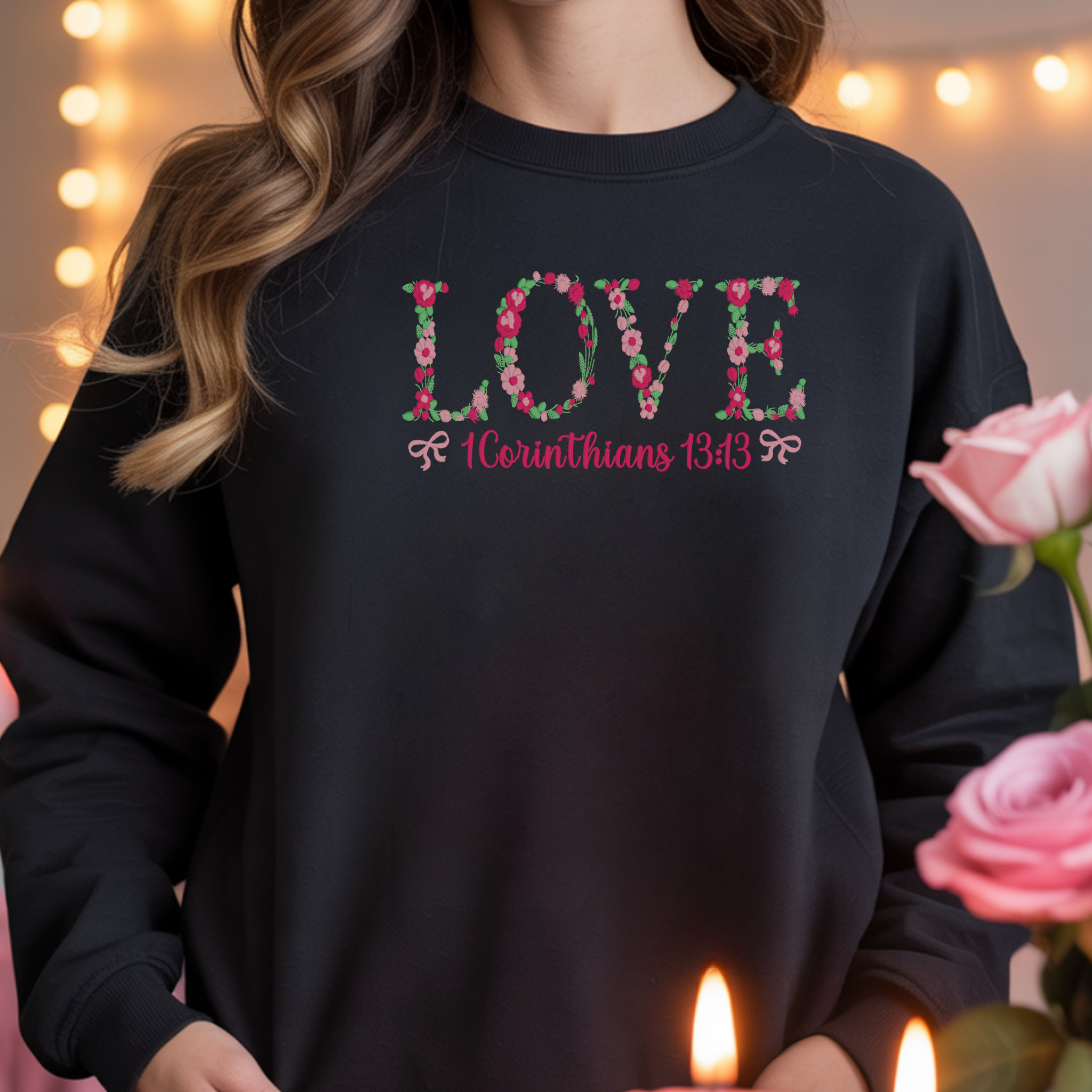 LOVE Floral Embroidered Sweatshirt | 1 Corinthians 13:13 Faith Crewneck
