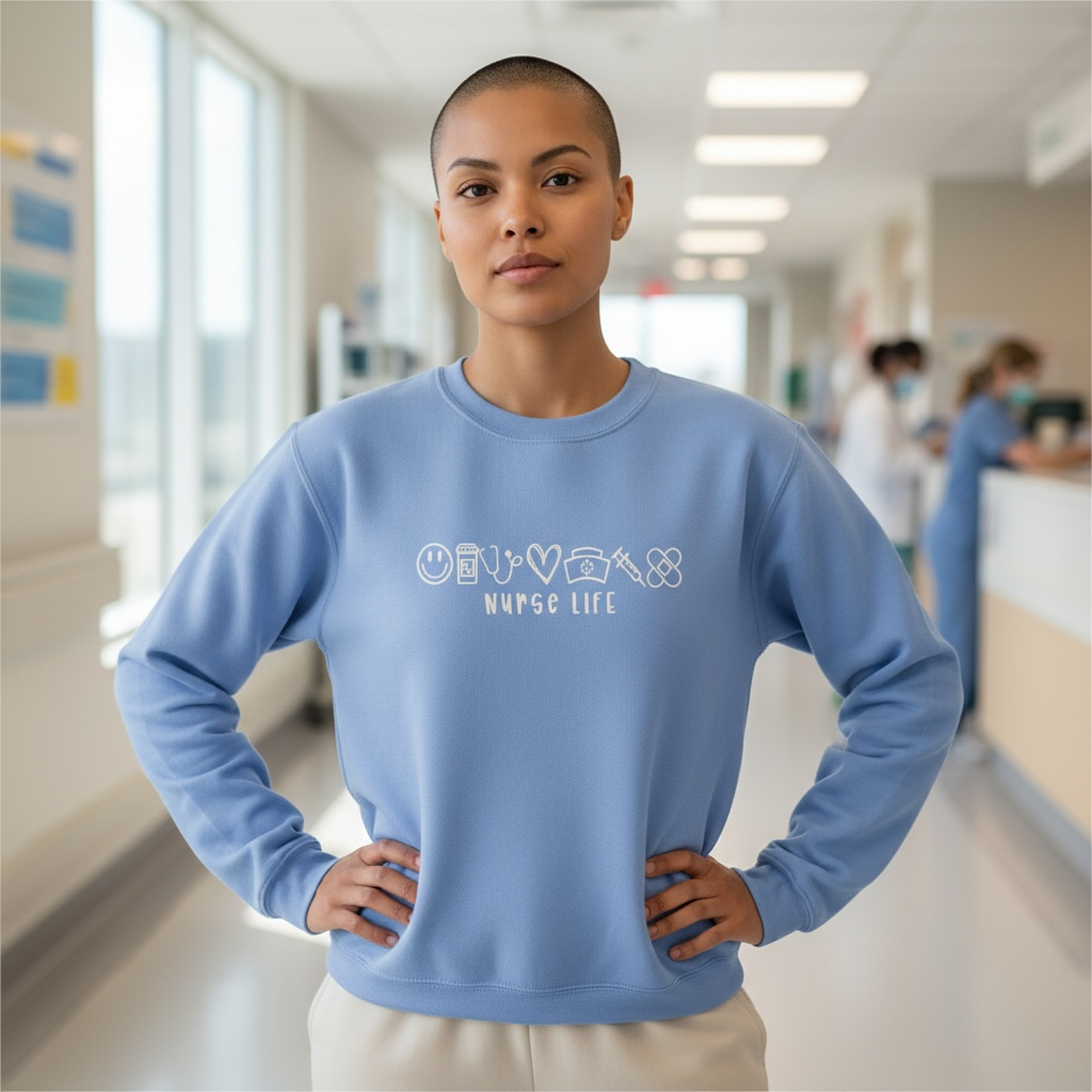 Nurse Life Embroidered Crewneck Sweatshirt with Medical Icons