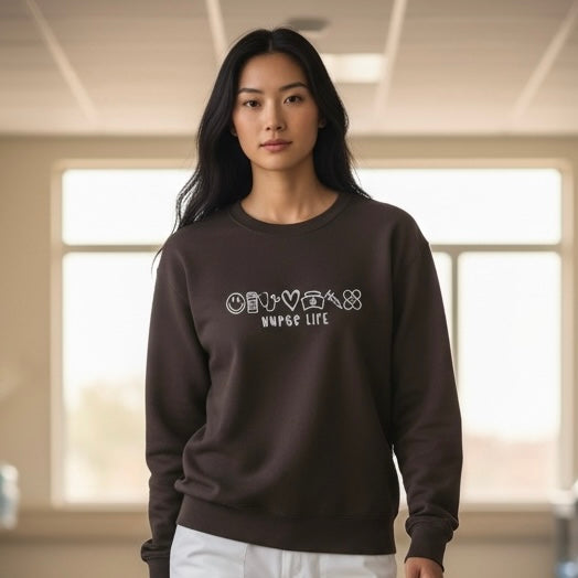 Nurse Life Embroidered Crewneck Sweatshirt with Medical Icons