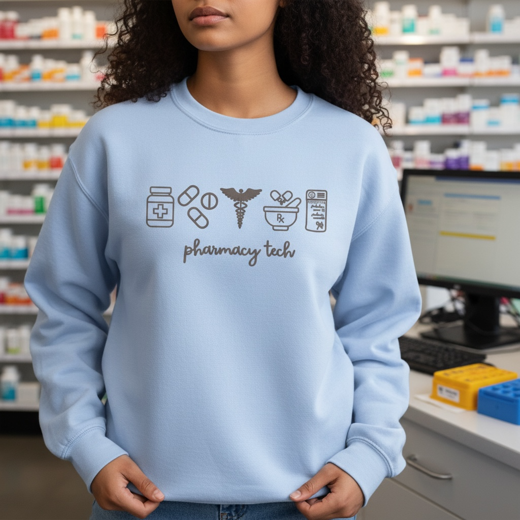 Pharmacy Tech with Icons Embroidered Sweatshirt Medical Career Crewneck