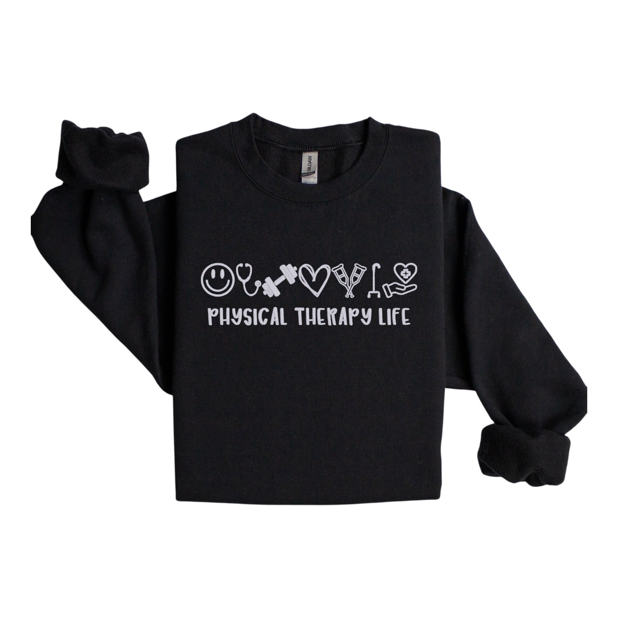 Black sweatshirt with 'Physical Therapy Life' text and symbols on a white background