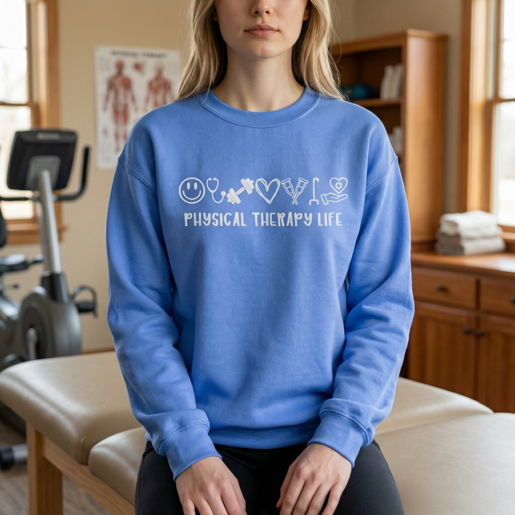 Person wearing a blue sweatshirt with 'Physical Therapy Life' text in a therapy room.