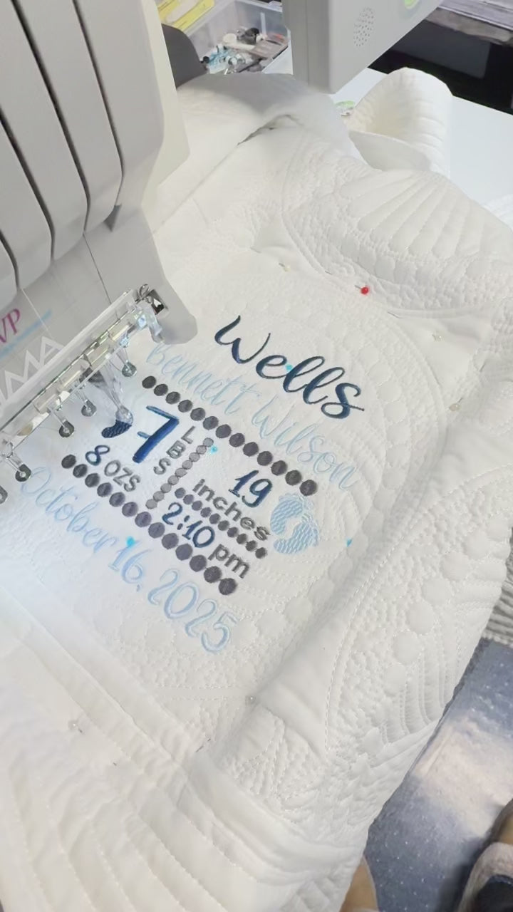 Personalized Baby Boy Heirloom Quilt Birth Announcement with Custom Name & Stats