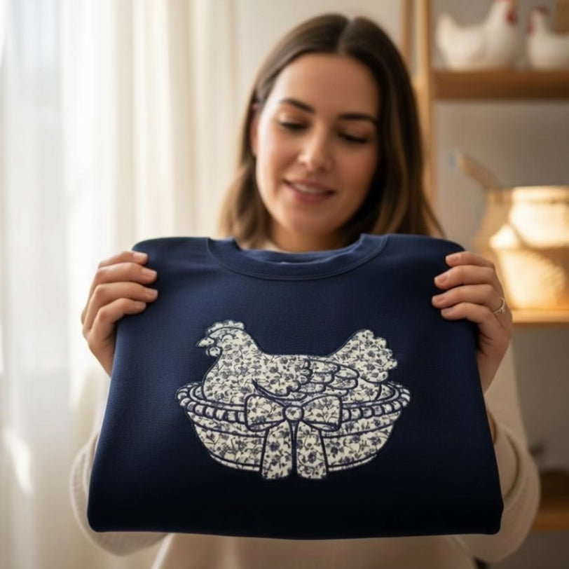 Vintage Hen on Nest Appliqué Embroidered Sweatshirt or Tee Blue Floral Heirloom Design