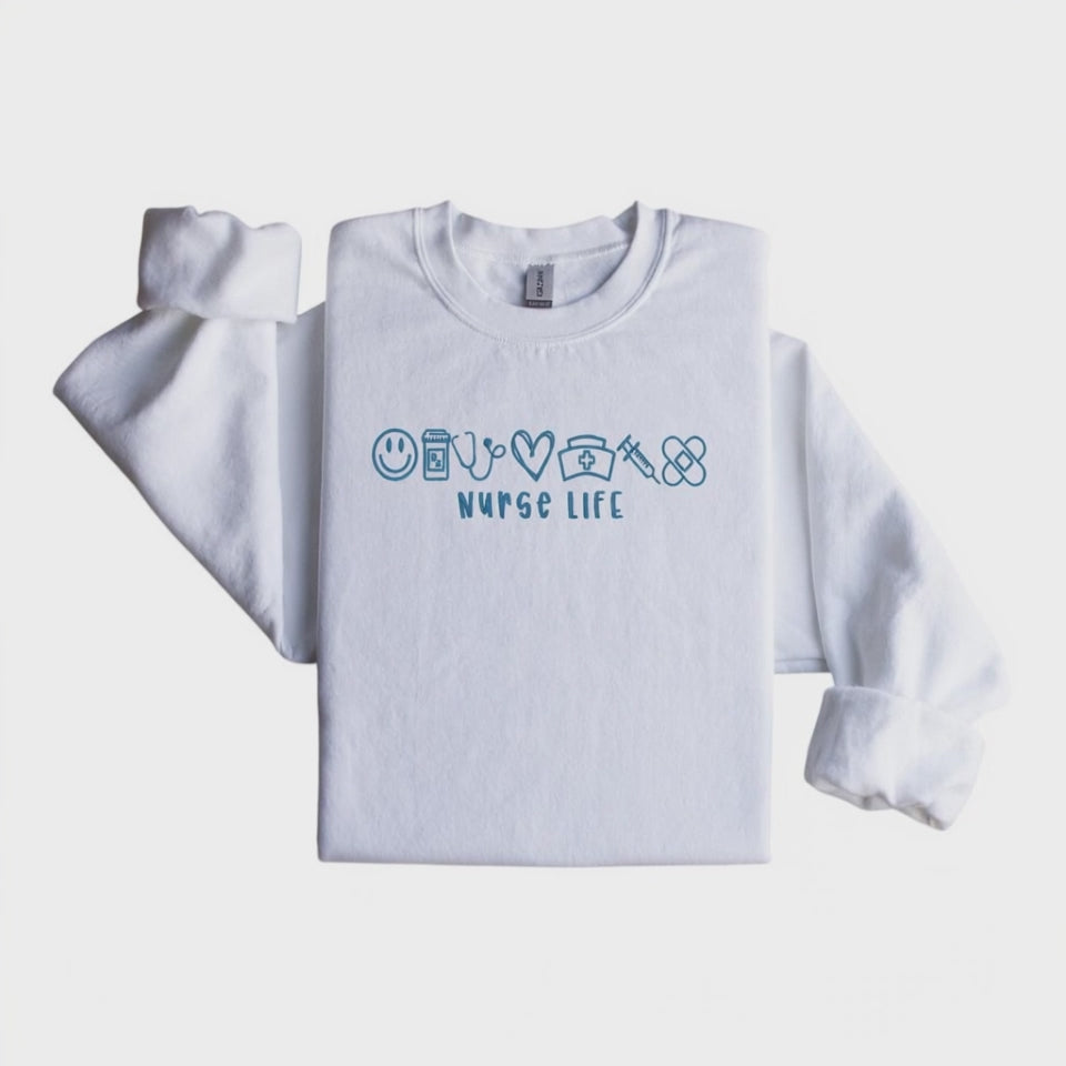 Nurse Life Embroidered Crewneck Sweatshirt with Medical Icons