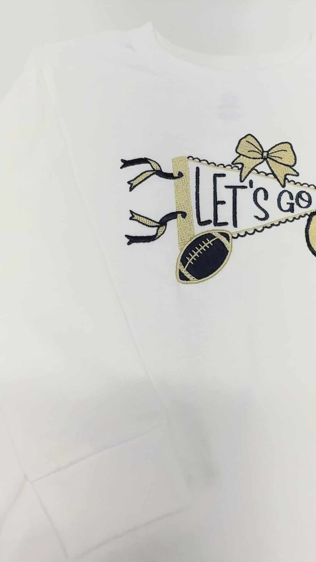 Custom Kids "Let's Go" Pennant with Football Megaphone Pointer and Bow Embroidered T-Shirt