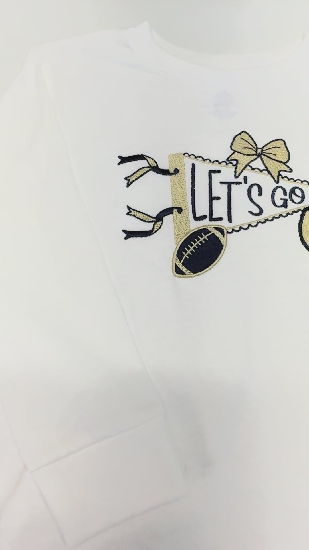Custom Kids "Let's Go" Pennant with Football Megaphone Pointer and Bow Embroidered T-Shirt