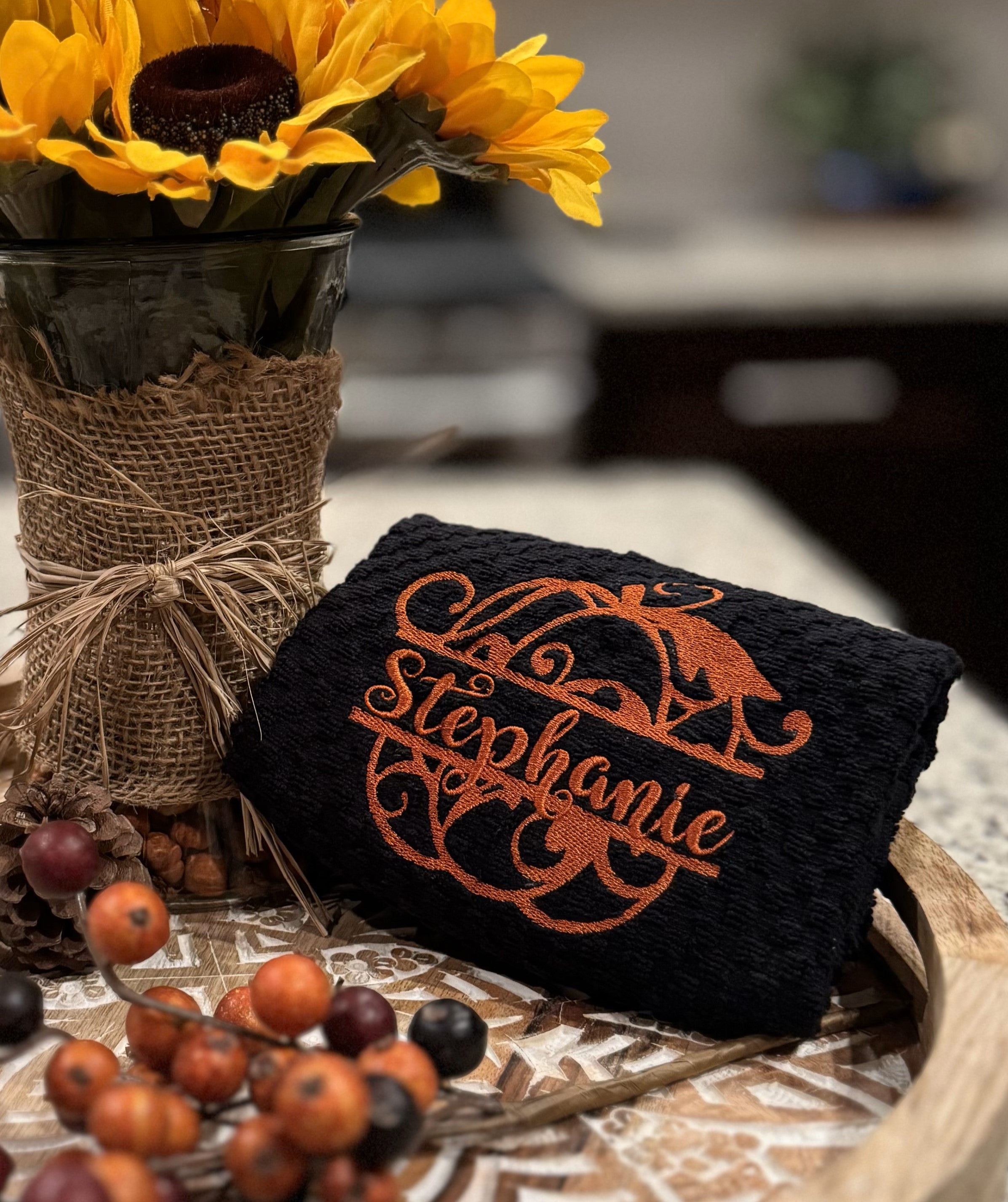 Personalized Whimsical Pumpkin Kitchen Towel – Custom Embroidered Fall Split Pumpkin Dish Towel