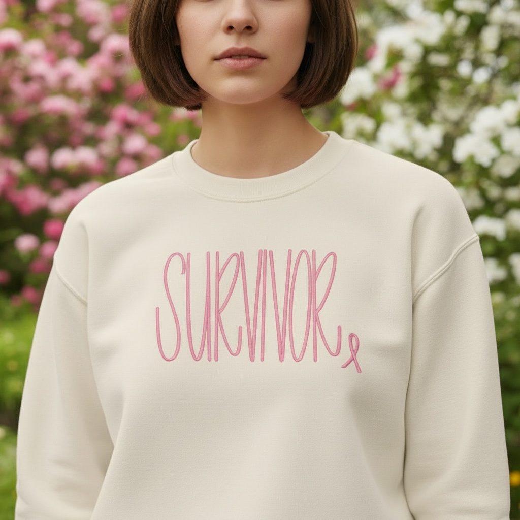 SURVIVOR Embroidered Sweatshirt Pink Ribbon Breast Cancer Awareness Crewneck