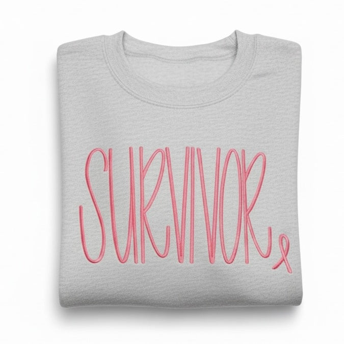 SURVIVOR Embroidered Sweatshirt Pink Ribbon Breast Cancer Awareness Crewneck