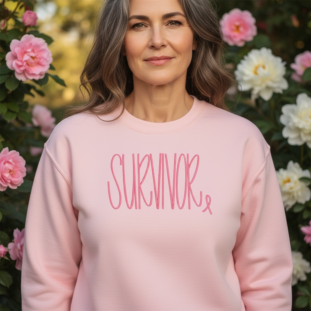 SURVIVOR Embroidered Sweatshirt Pink Ribbon Breast Cancer Awareness Crewneck