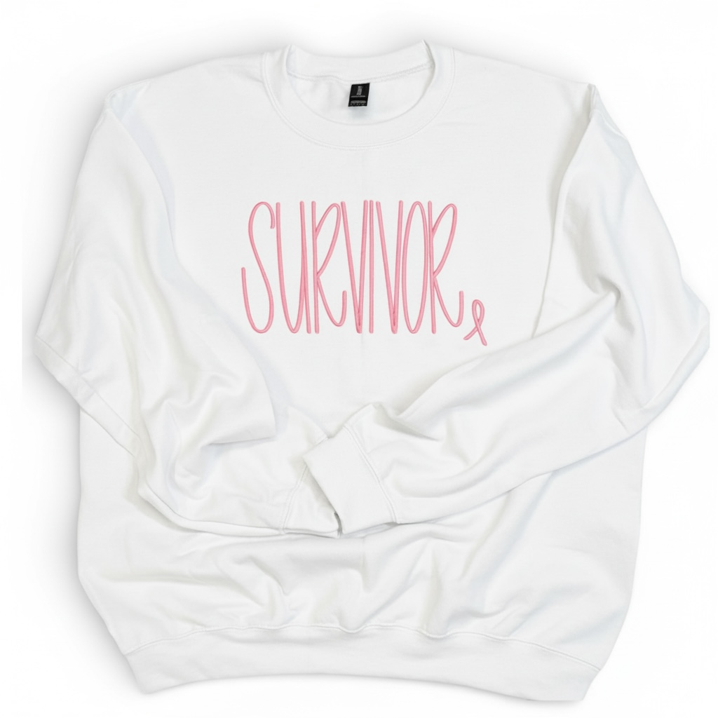 SURVIVOR Embroidered Sweatshirt Pink Ribbon Breast Cancer Awareness Crewneck