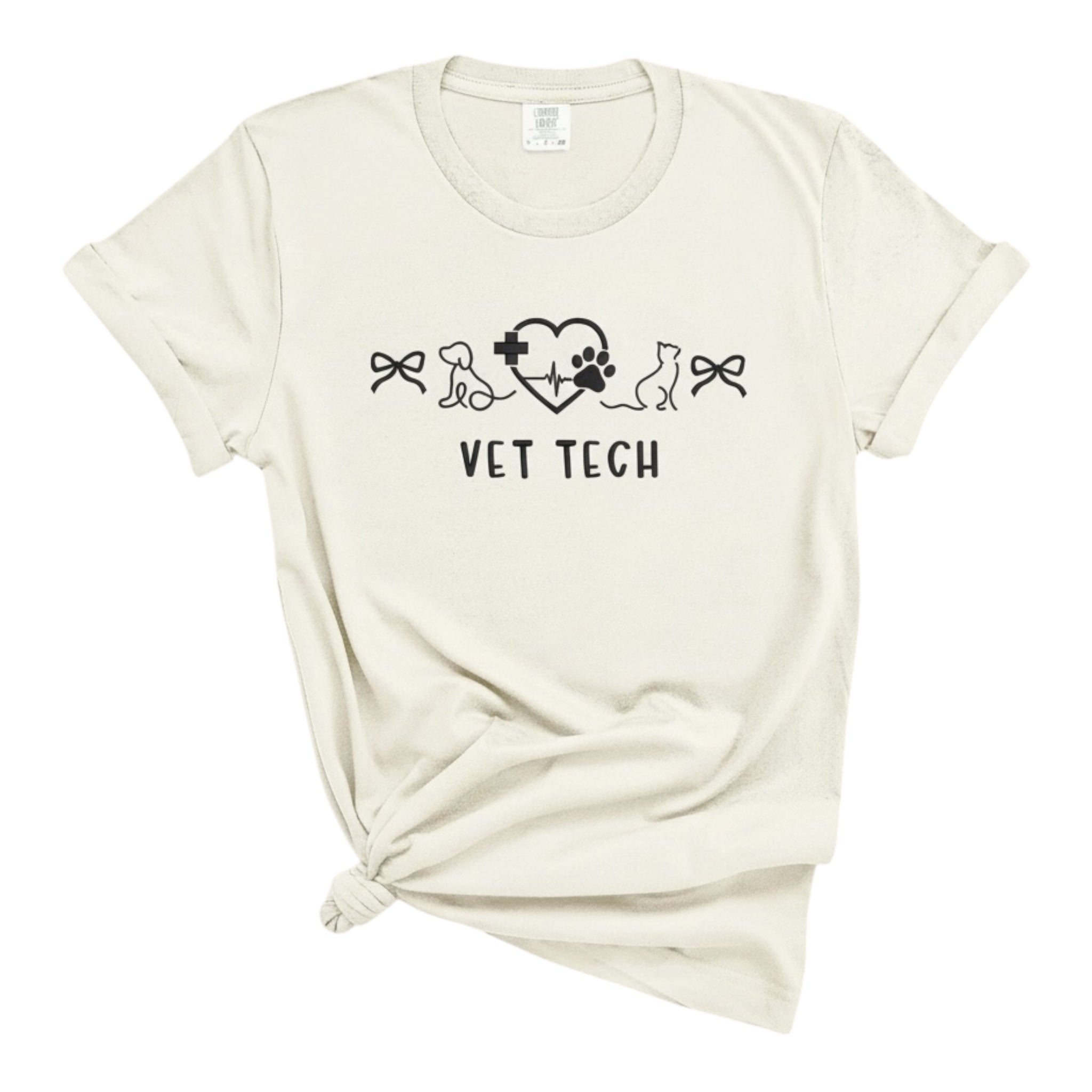 Beige t-shirt with 'Vet Tech' design on a white background