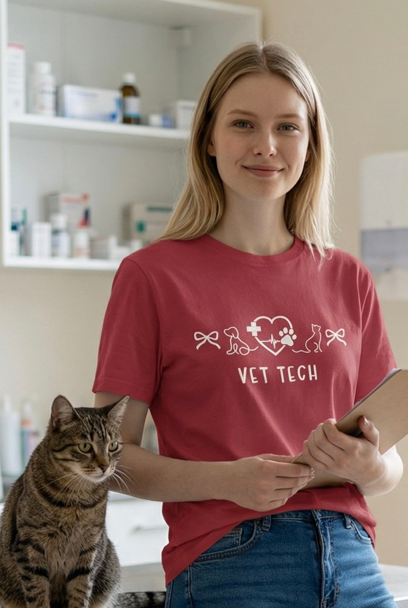 Person wearing a red 'Vet Tech' shirt with a cat in a veterinary setting