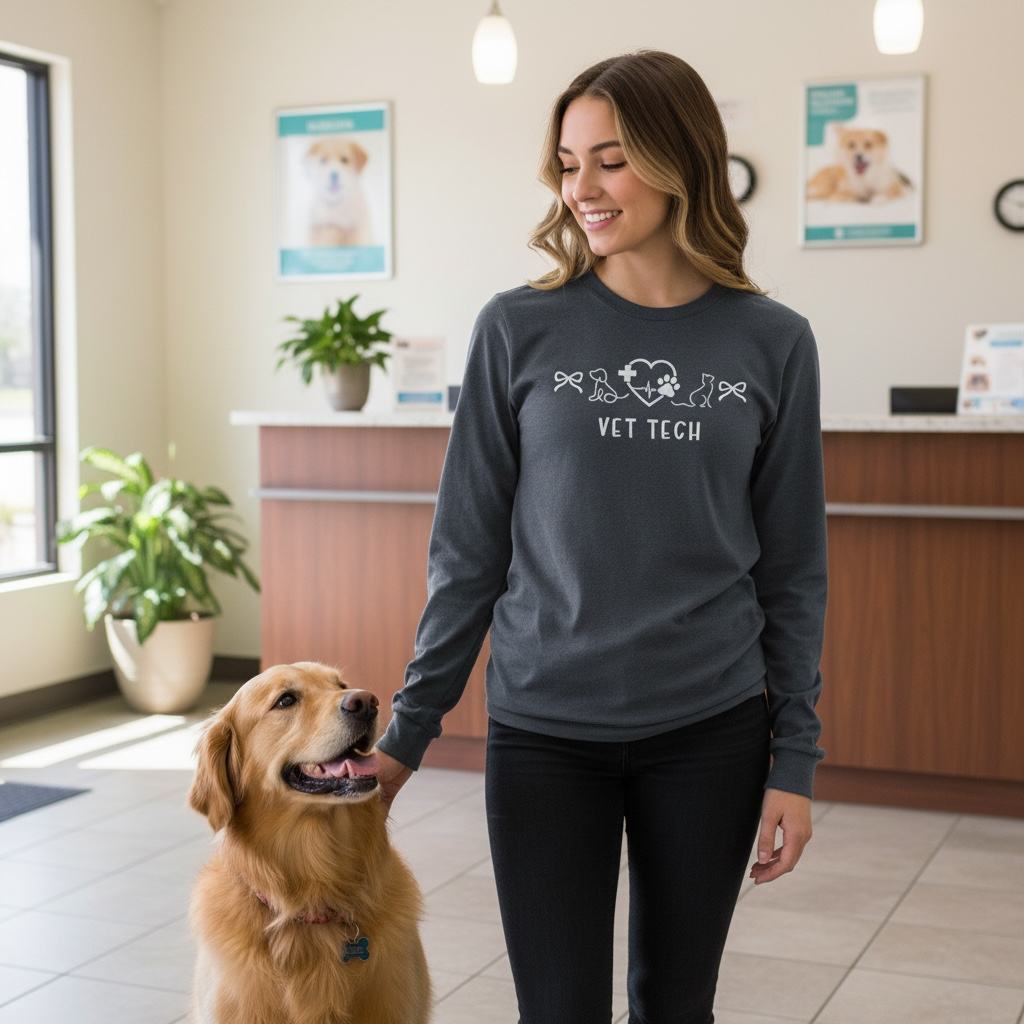 Woman wearing a 'Vet Tech' shirt standing with a dog in a veterinary clinic.