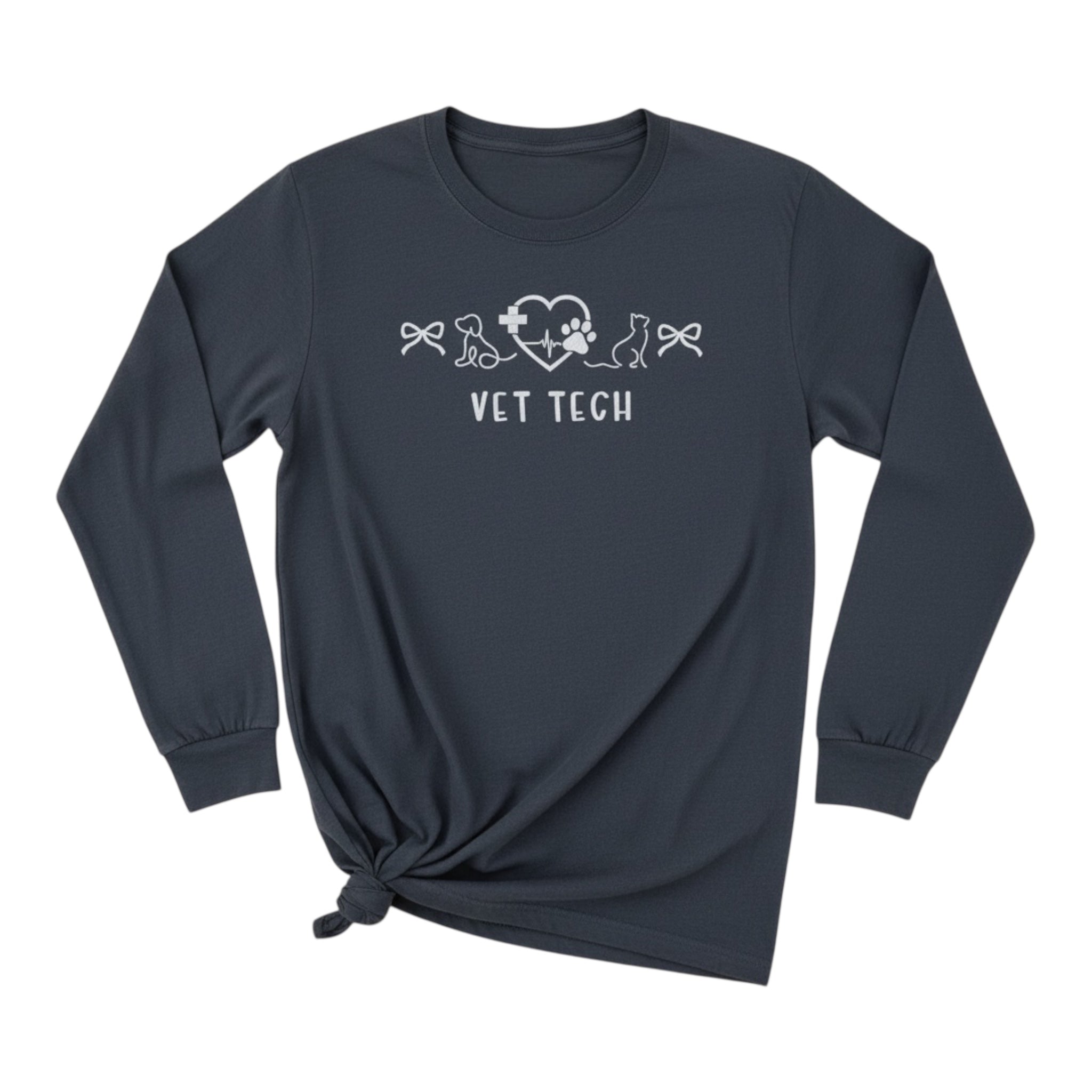 Navy long-sleeve shirt with 'Vet Tech' design on a white background