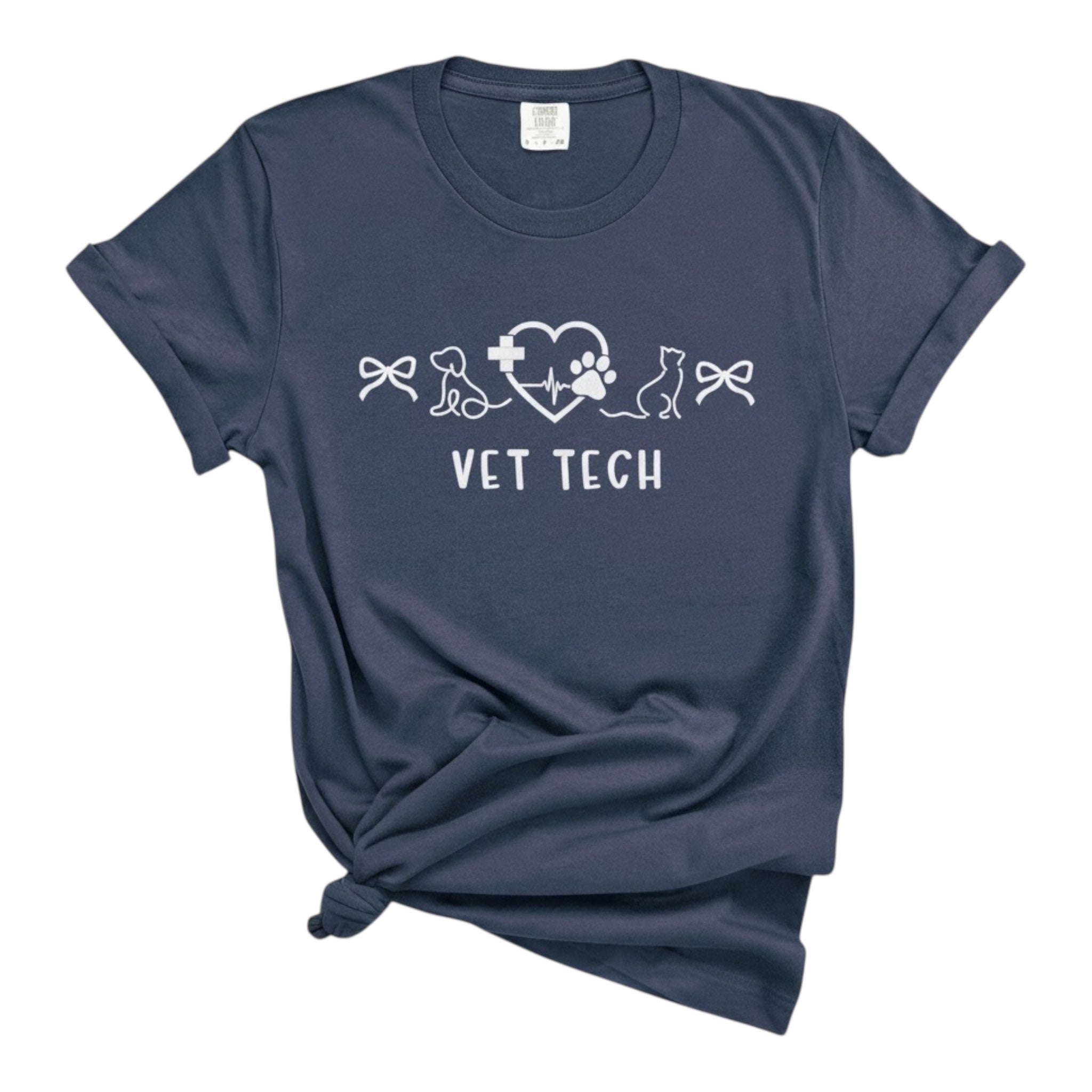 Navy blue t-shirt with 'Vet Tech' design on a white background
