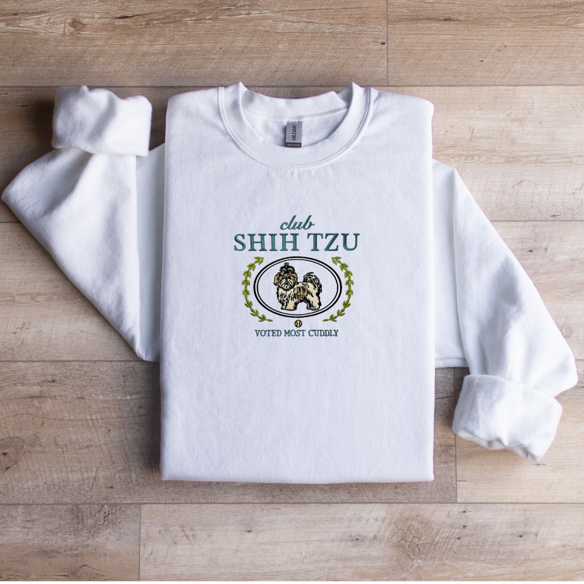 Club Shih Tzu Embroidered Sweatshirt “Voted Most Cuddly” Cozy Crewneck for Dog Lovers