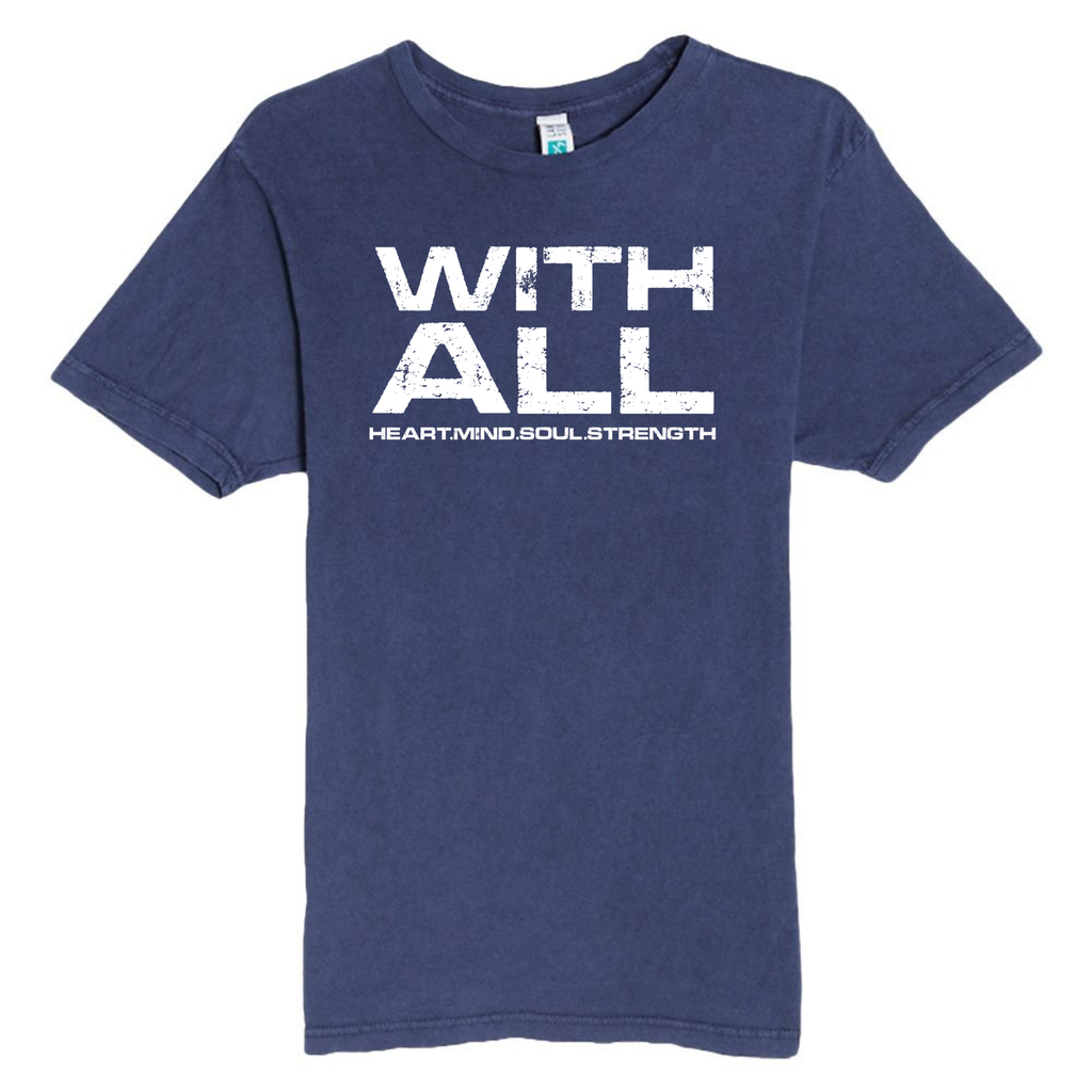 Navy blue t-shirt with white text on a white background