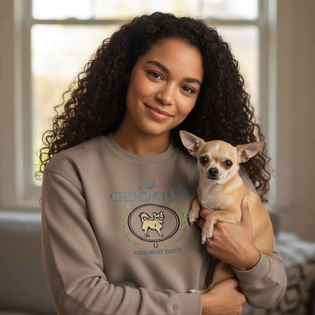 Club Chihuahua Embroidered Sweatshirt  “Voted Most Yappy” Cozy Crewneck for Dog Lovers
