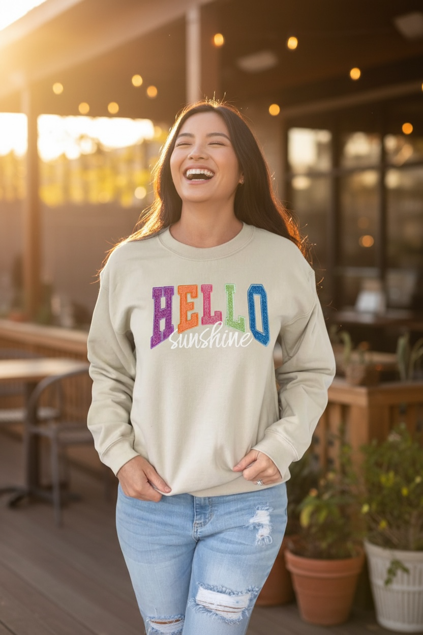HELLO Sunshine Glitter Crewneck Sweatshirt