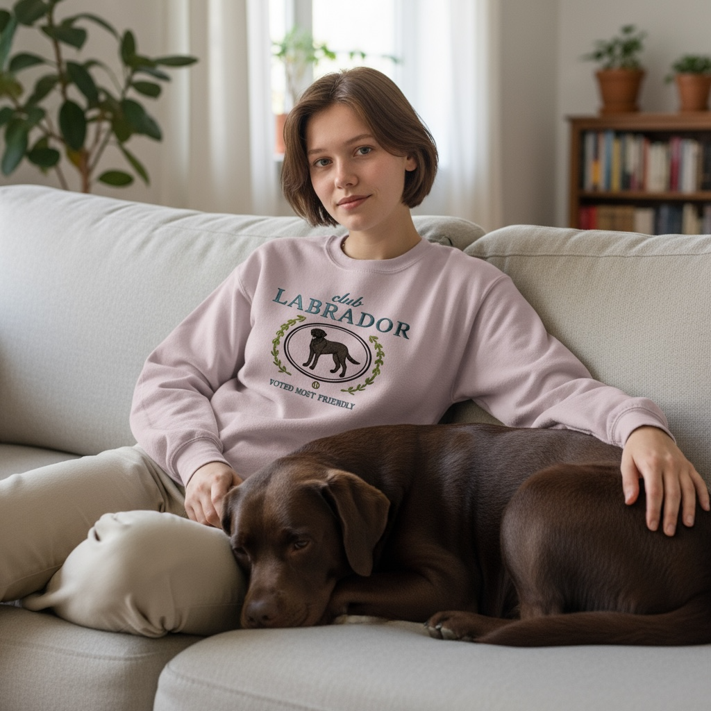 Club Labrador Embroidered Sweatshirt “Voted Most Friendly” Cozy Crewneck for Dog Lovers