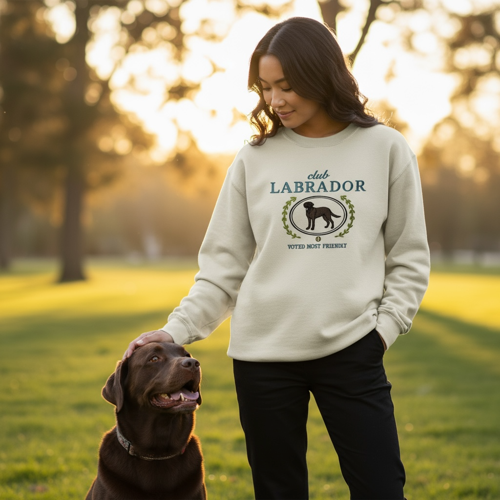 Club Labrador Embroidered Sweatshirt “Voted Most Friendly” Cozy Crewneck for Dog Lovers