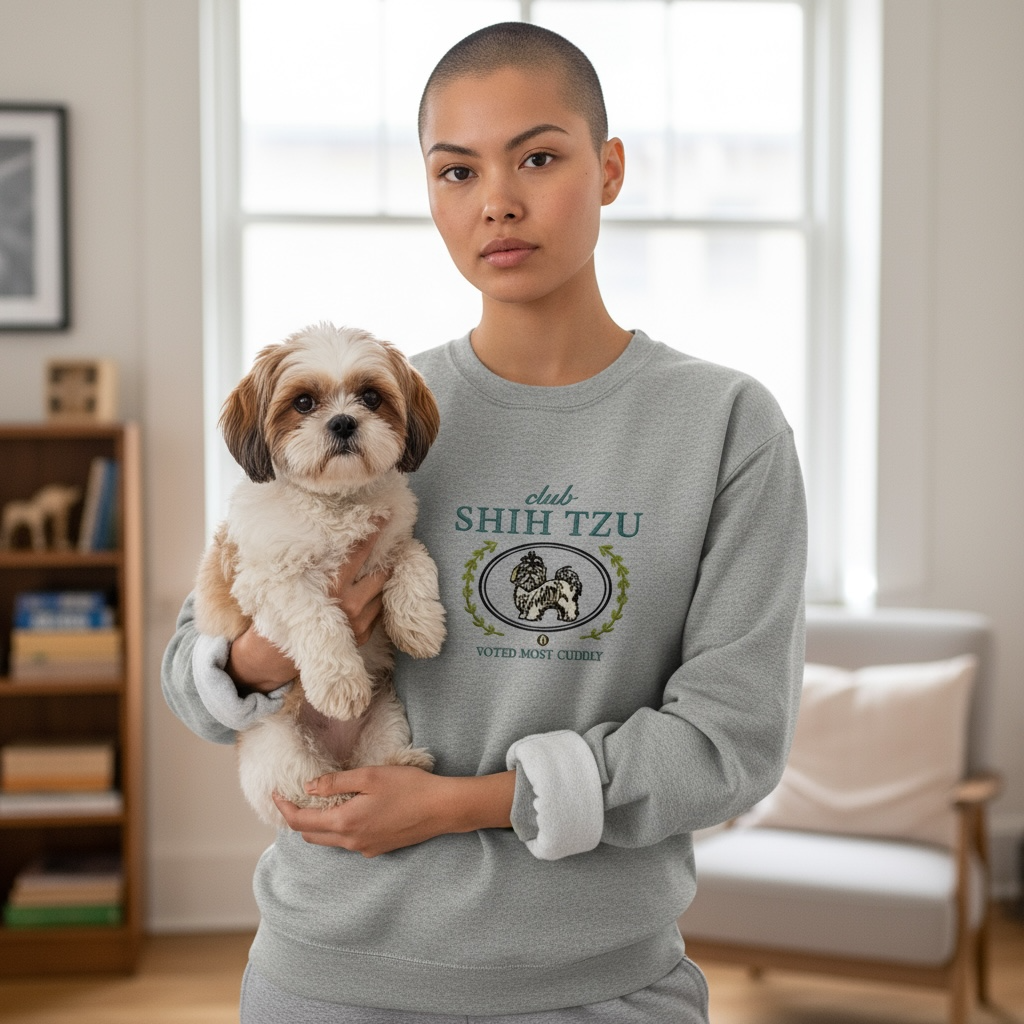 Club Shih Tzu Embroidered Sweatshirt “Voted Most Cuddly” Cozy Crewneck for Dog Lovers