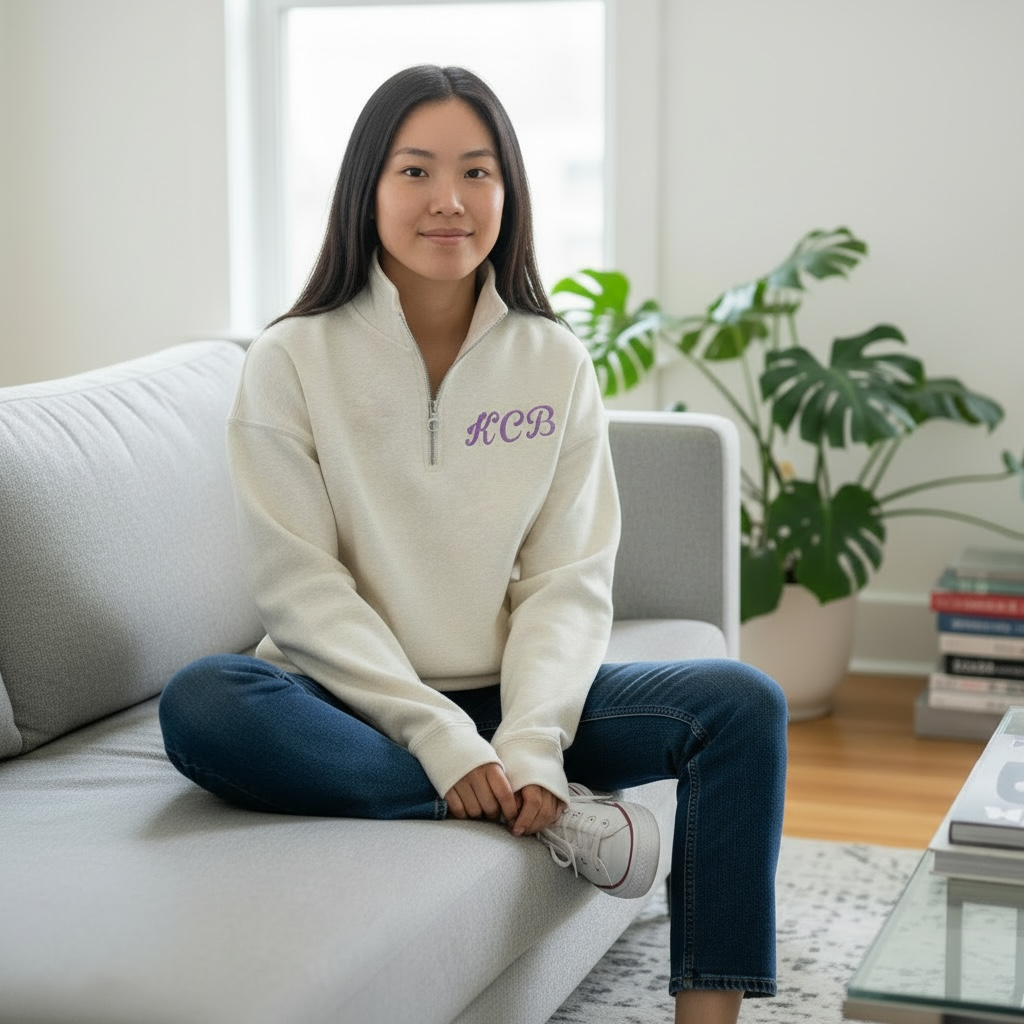 Women’s Quarter Zip Heavyweight Fleece Sweatshirt with Pockets Custom Embroidered Initial Pullover